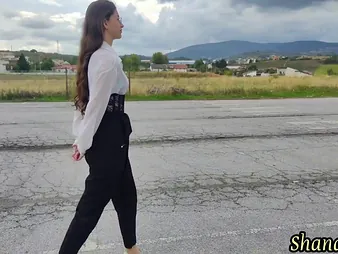 Cute teen with long hair and a snobbish heels gets a muddied and immoral alfresco shower